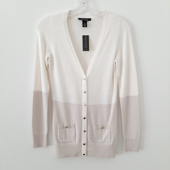 NWT White House Black Market V-Neck Colorblock Cardigan Sweater, Ivory/Ecru, XS - Picture 1 of 9